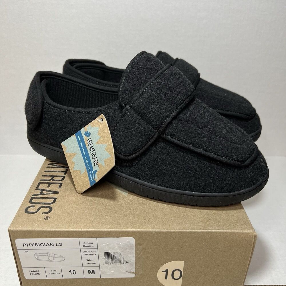FOAMTREADS Physician L2 Comfort Slipper Women 10 Black Wool Adjustable Diabetic